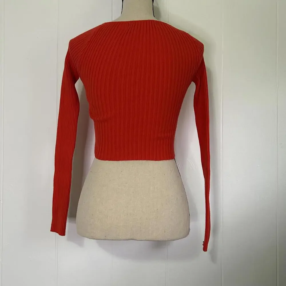 Urban Outfitters Red Ribbed Lace Up Fitted Long Sleeve Crop Top Women's Medium